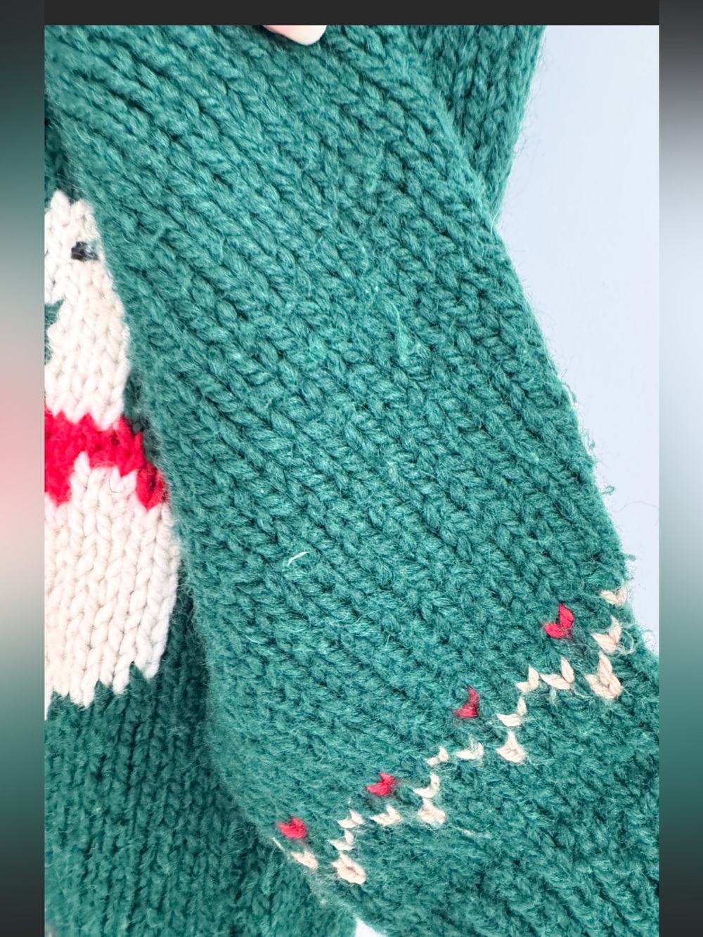 Vintage Hand Knit Duck Sweater Dark Green Chunky Heavyweight Fair Isle Hearts - Picture 13 of 15